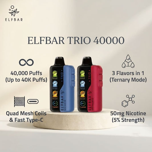 ELFBAR TRIO سحبة سيجارة الفبار 40000 شفطة 50 نيكوتين عدة