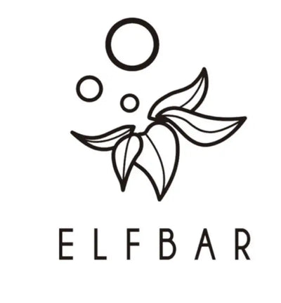 شعار خطوط سوداء يحتوي على أوراق وفقاعات مصممة فوق النص 'elf bar'.